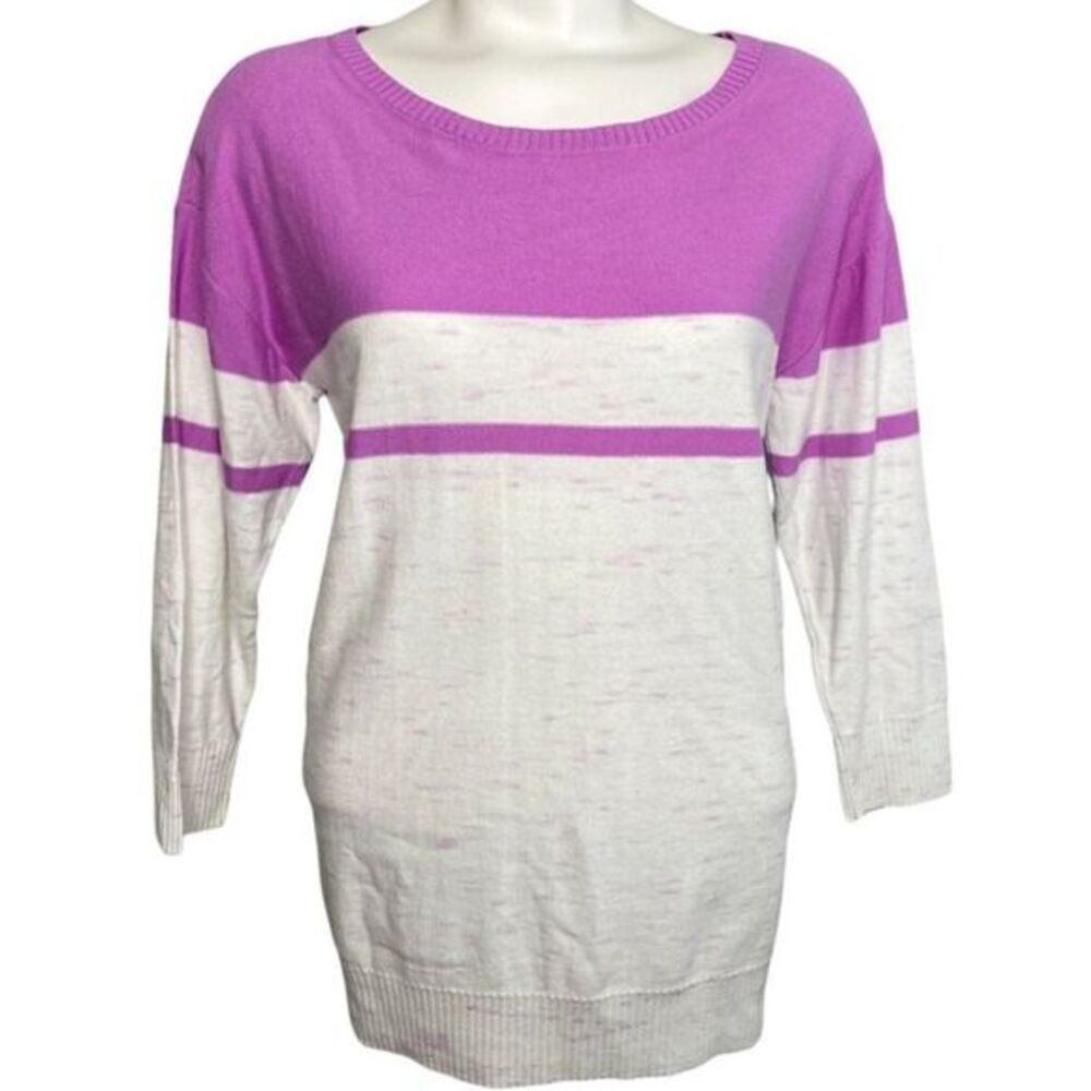 Talbots Sweater Top Women's MEDIUM Purple White Splatter Striped Scoop-Neck